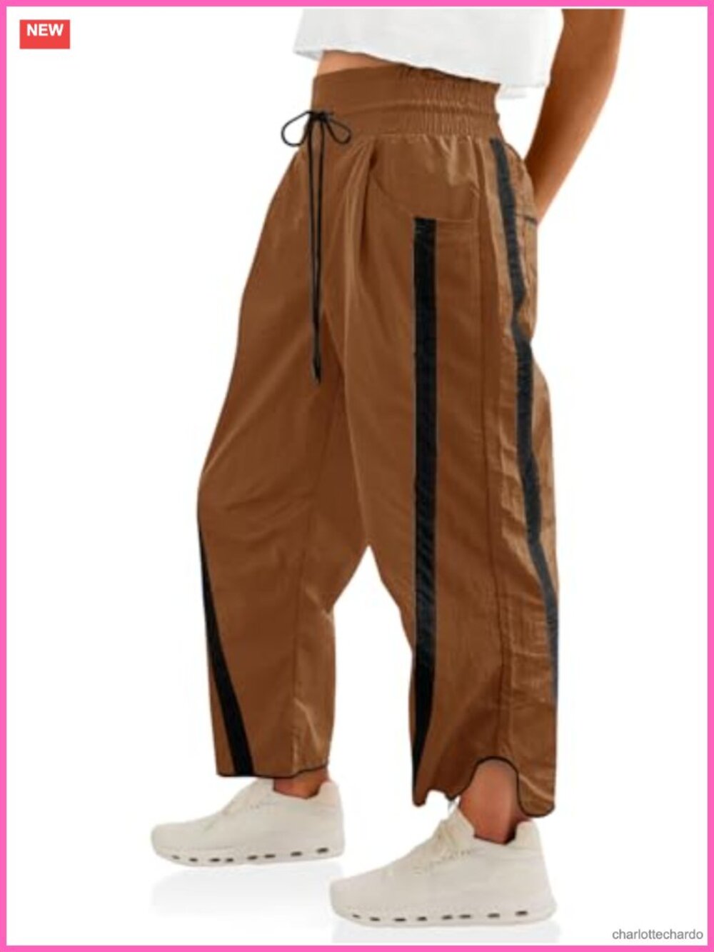 Women's Baggy Wide Leg Track Pants with Drawstring High Rise Contrast Hem